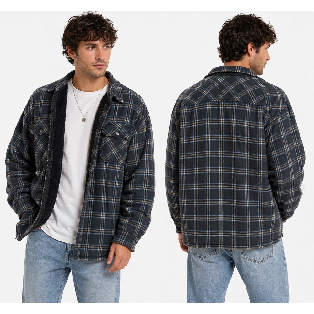 Great Northwest Flannel Shirt Jacket Mens XL Blue Yellow‎ Sherpa Lined Shacket